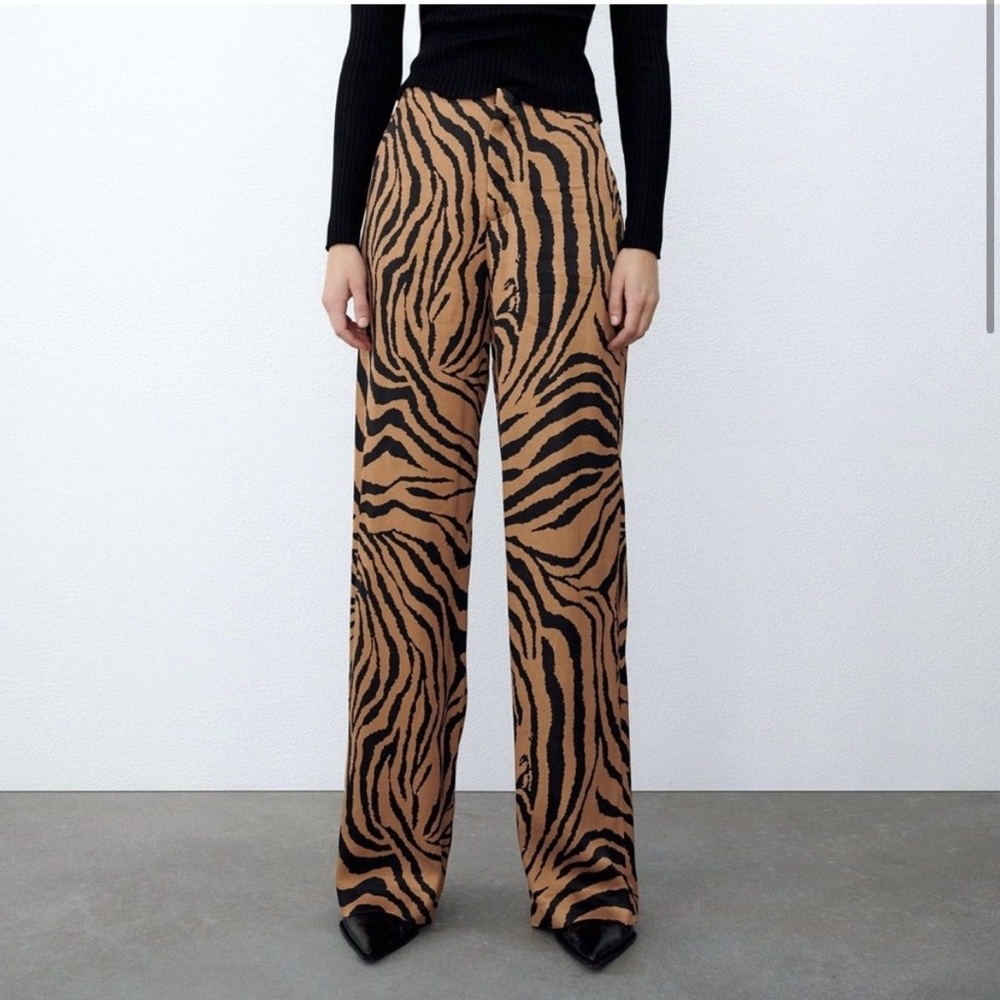 Zara Black and Brown Zebra Flared Wide-Leg Trousers